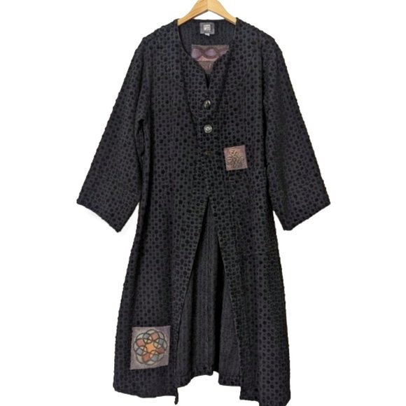 Vtg Blue Fish Black Cotton Chenille Dot Lagenlook Duster Art Patch Longline Coat - Picture 2 of 16